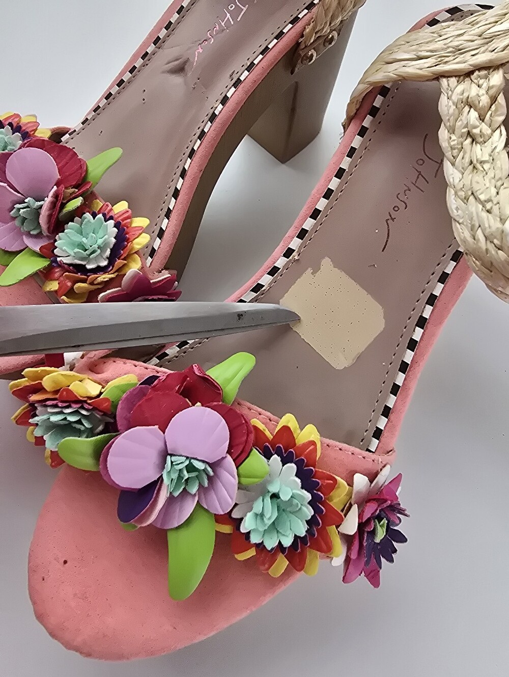 Betsey Johnson Coral Platform Sandals with Multicolor Floral Appliqués - Picture 11 of 16